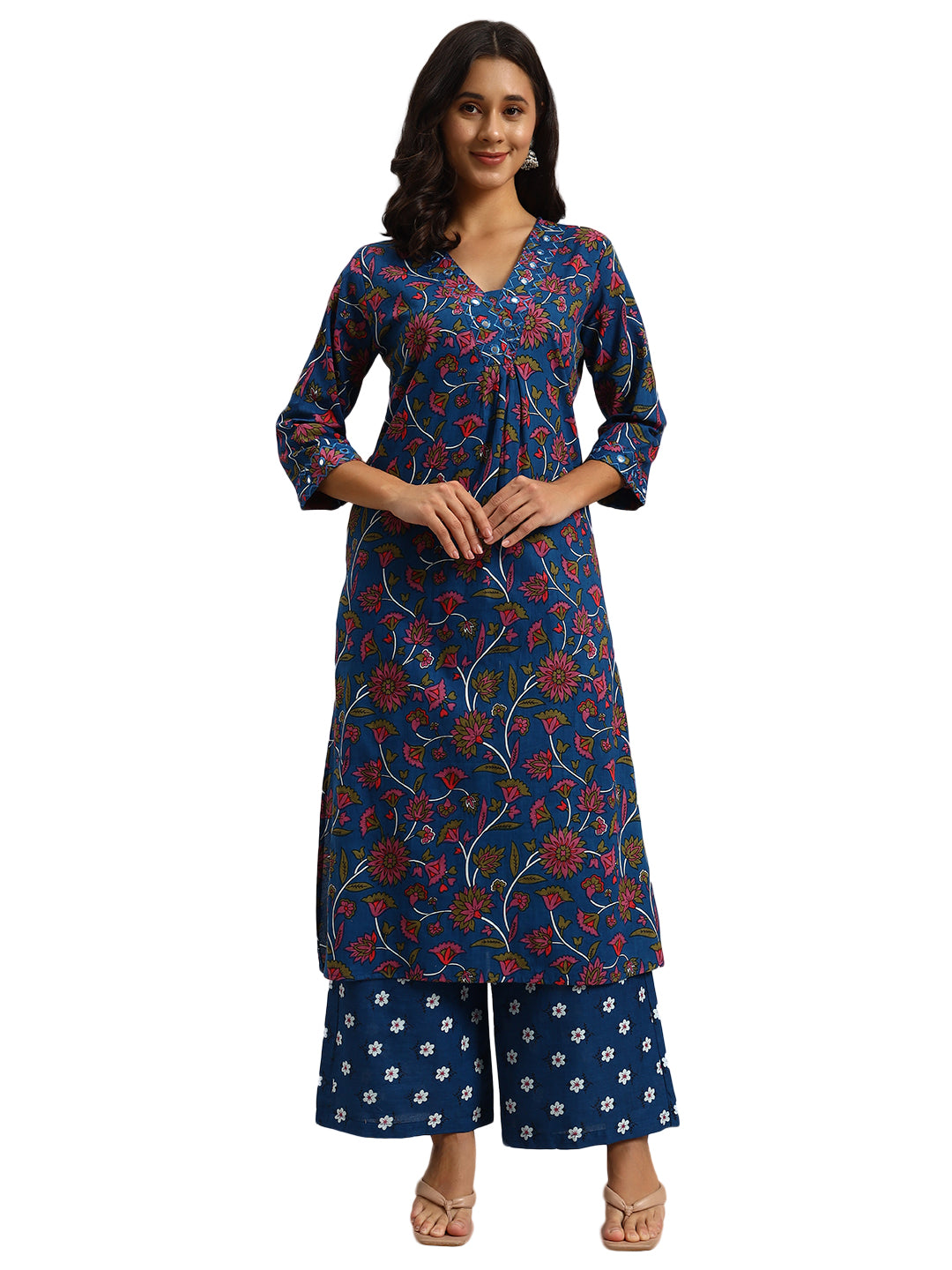 Cotton Kurti & Palazzo Set -V-Neck with Glass work