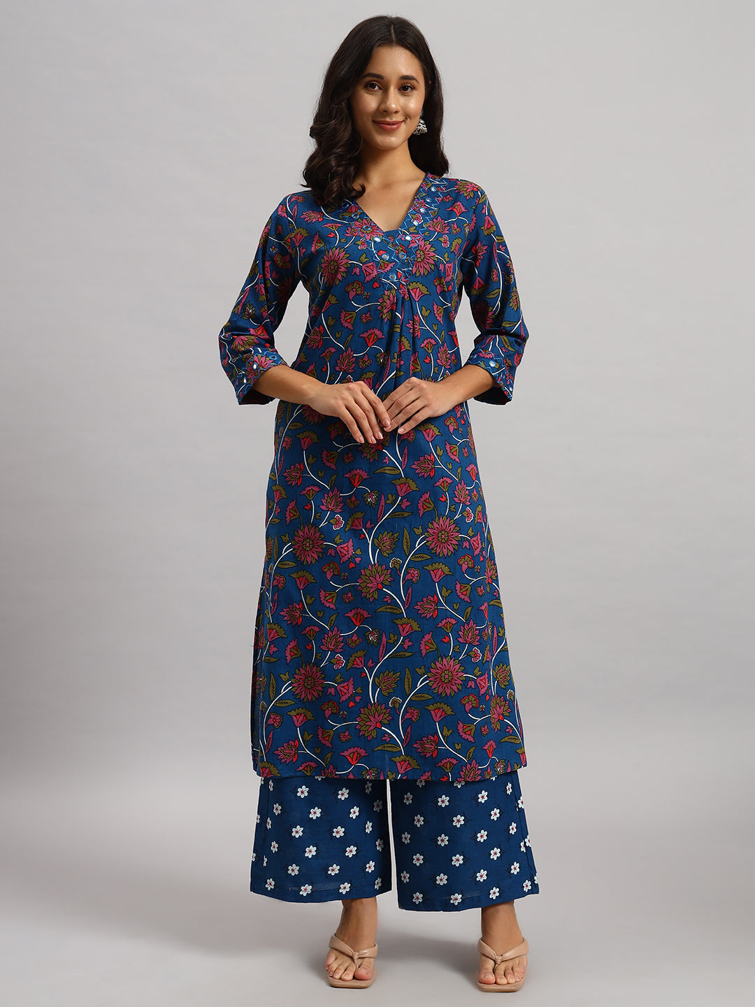 Cotton Kurti & Palazzo Set -V-Neck with Glass work