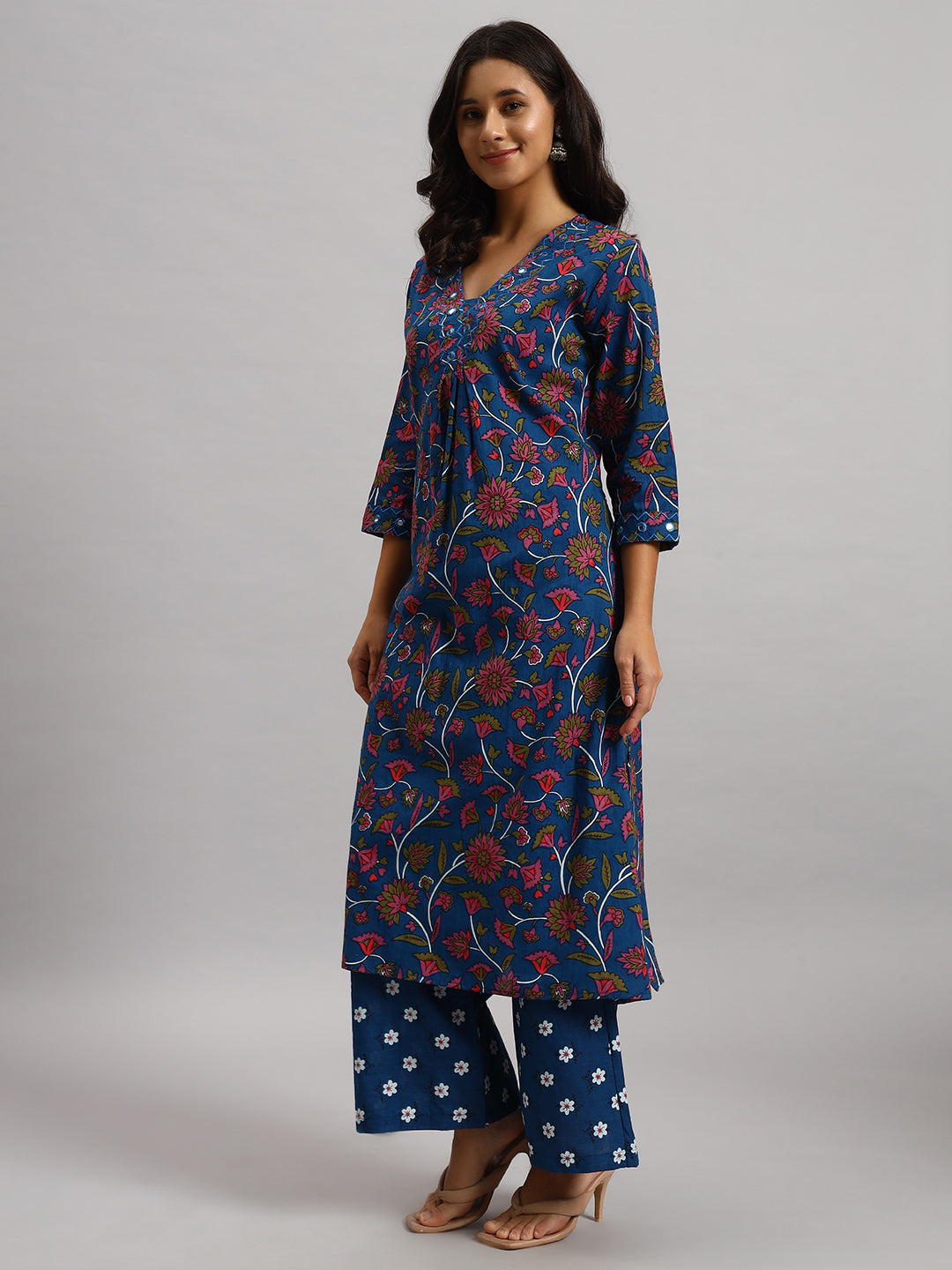 Cotton Kurti & Palazzo Set -V-Neck with Glass work
