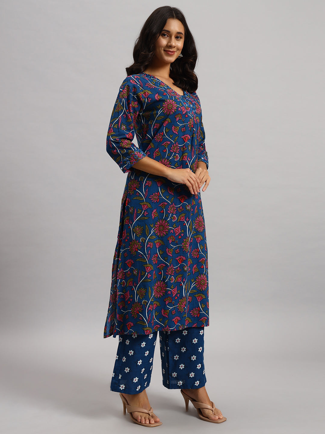 Cotton Kurti & Palazzo Set -V-Neck with Glass work