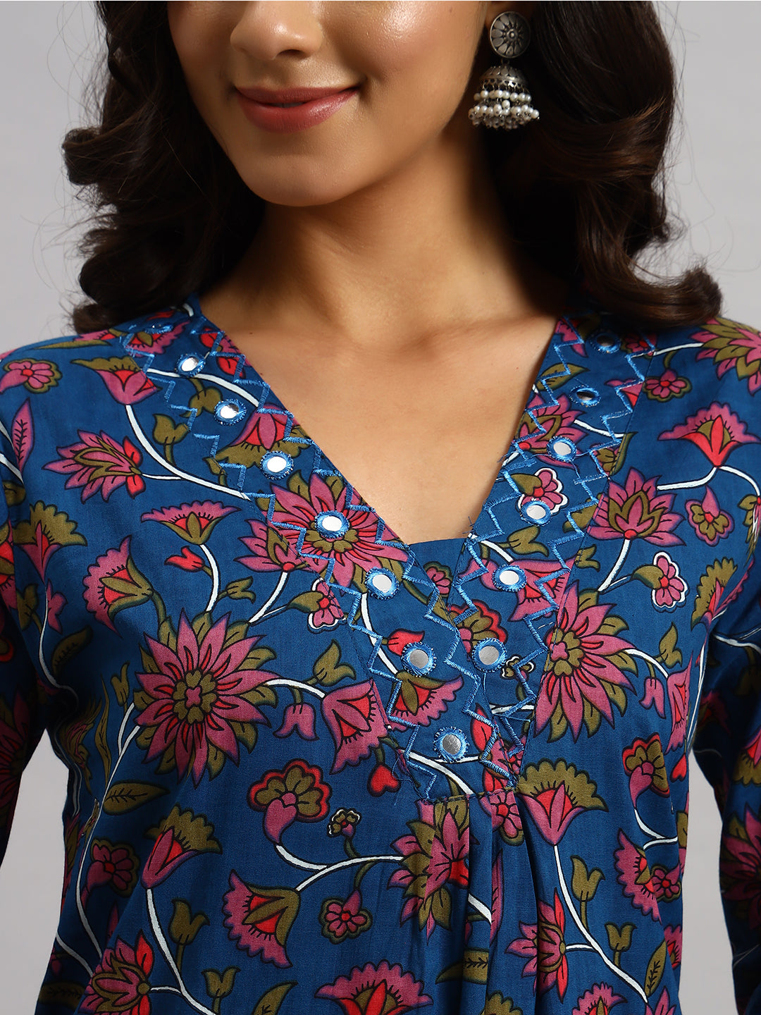 Cotton Kurti & Palazzo Set -V-Neck with Glass work