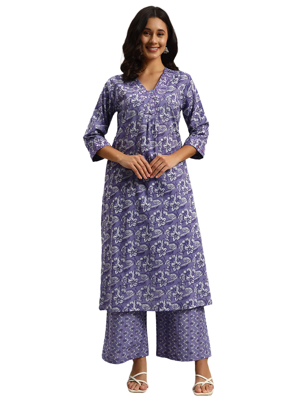 Lavender Printed Cotton Kurti & Palazzo Set
