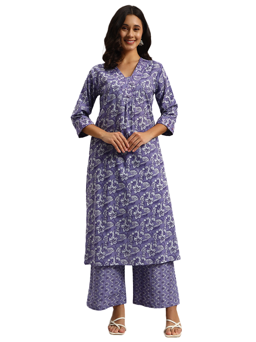 Lavender Printed Cotton Kurti & Palazzo Set