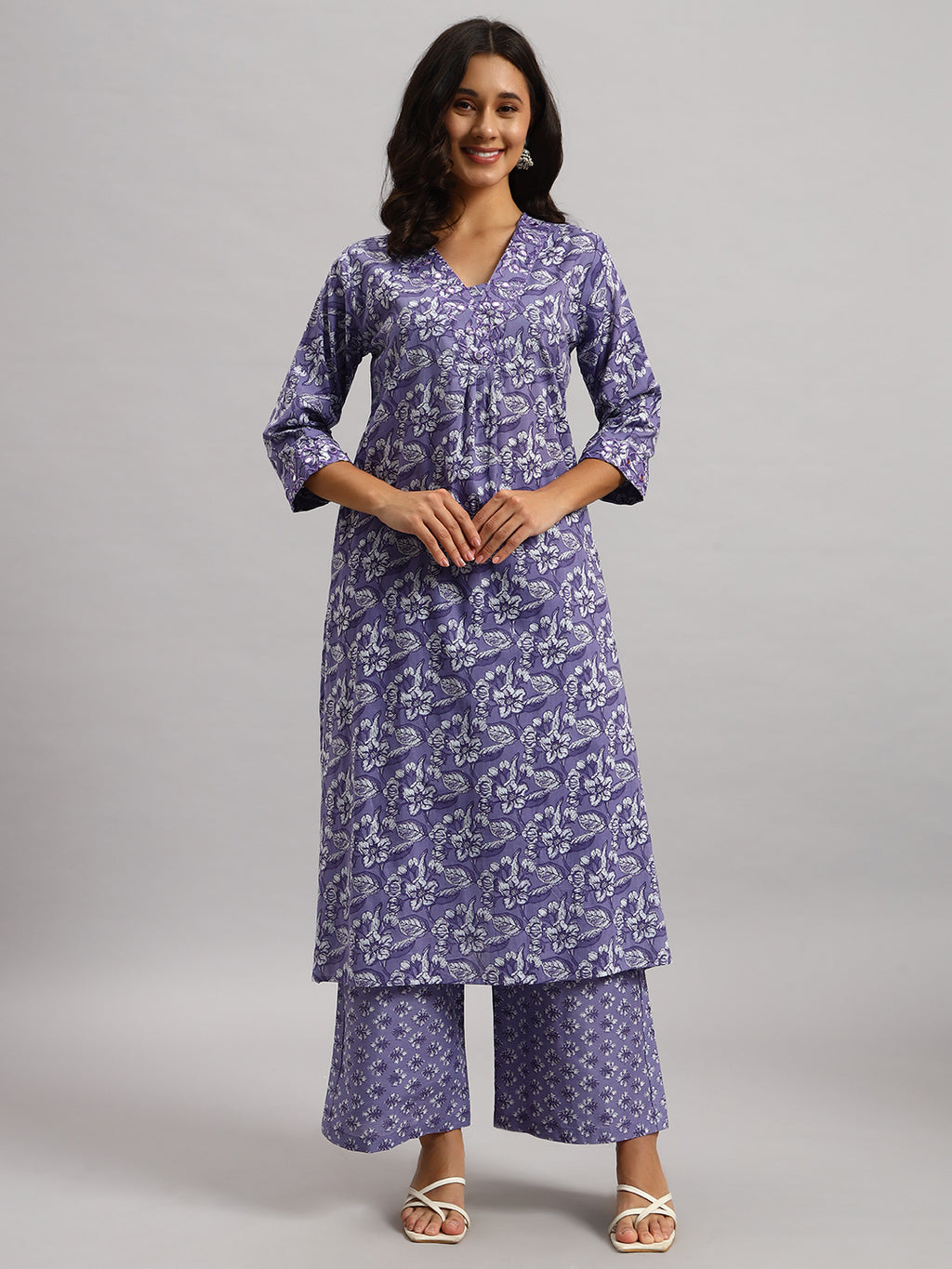 Lavender Printed Cotton Kurti & Palazzo Set