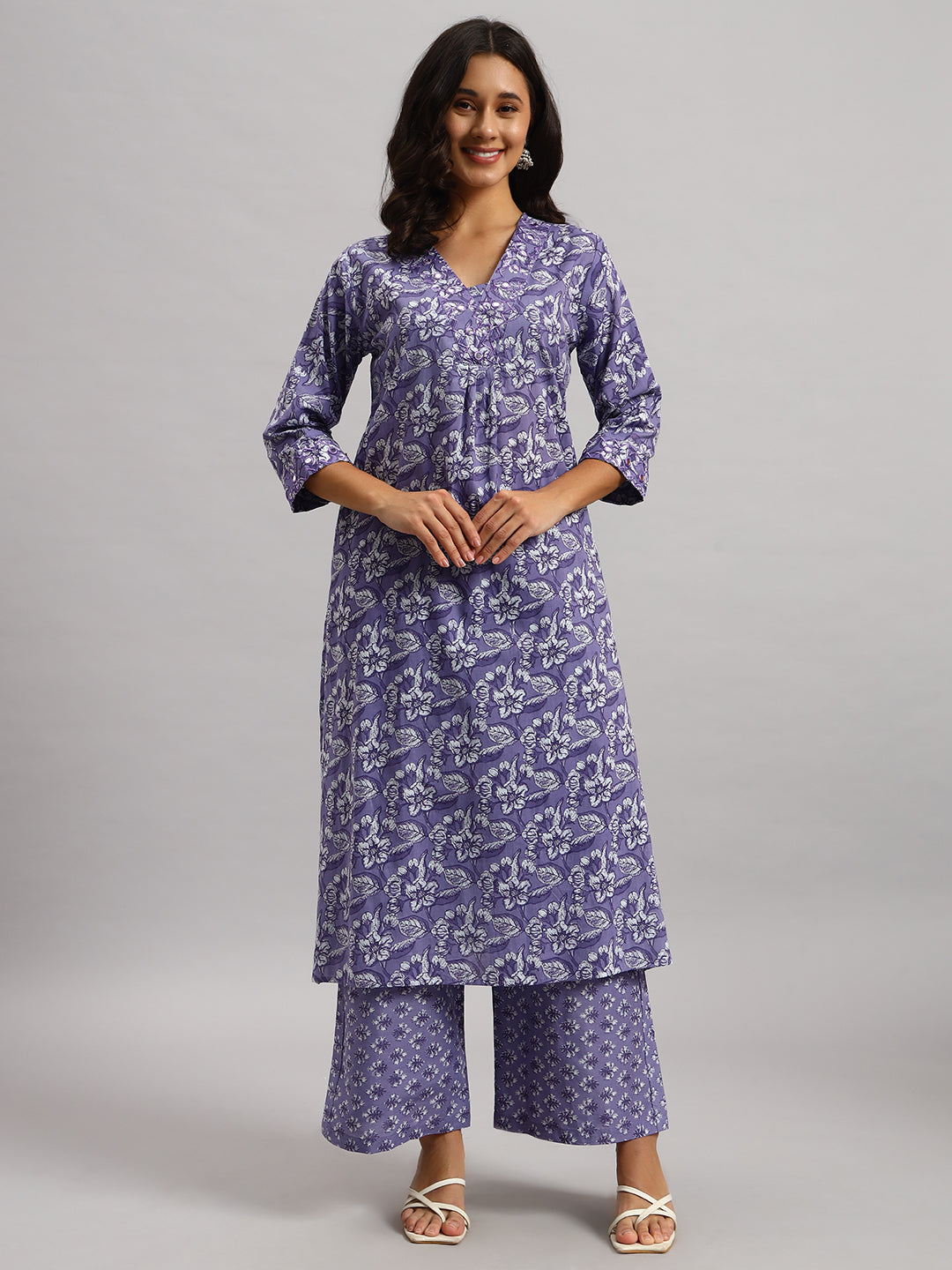 Lavender Printed Cotton Kurti & Palazzo Set
