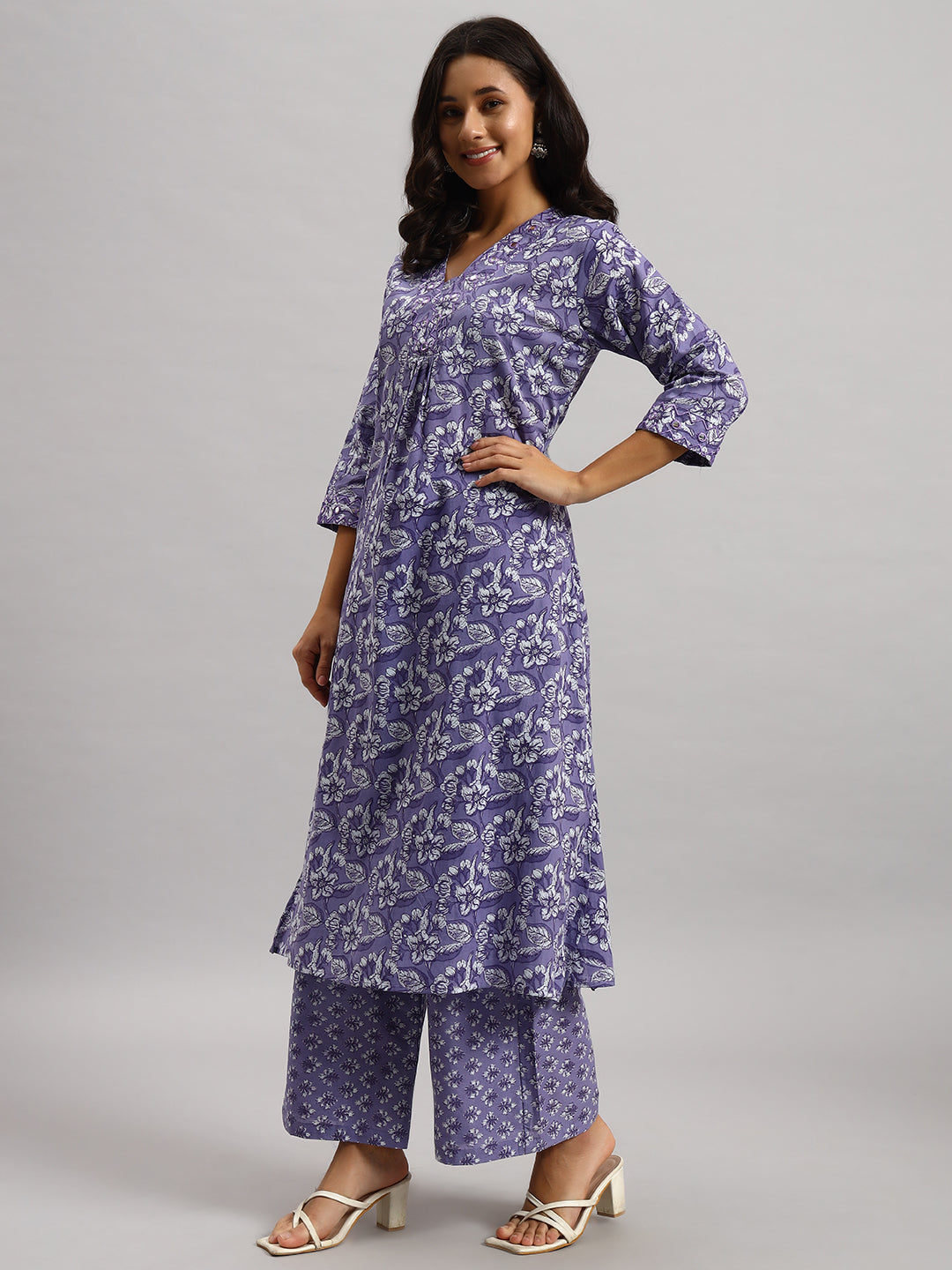 Lavender Printed Cotton Kurti & Palazzo Set