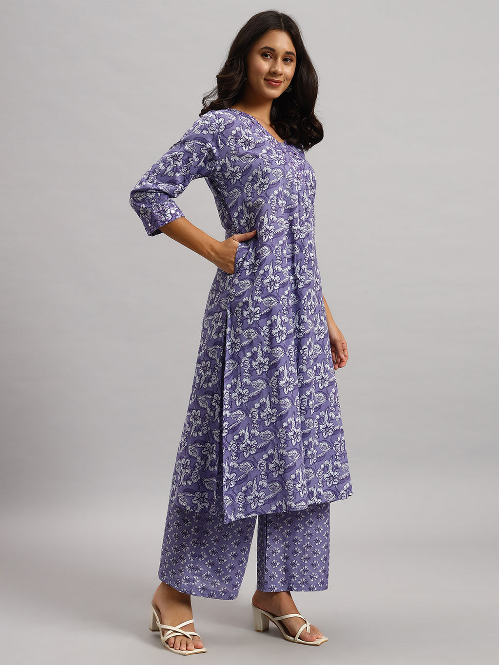 Lavender Printed Cotton Kurti & Palazzo Set