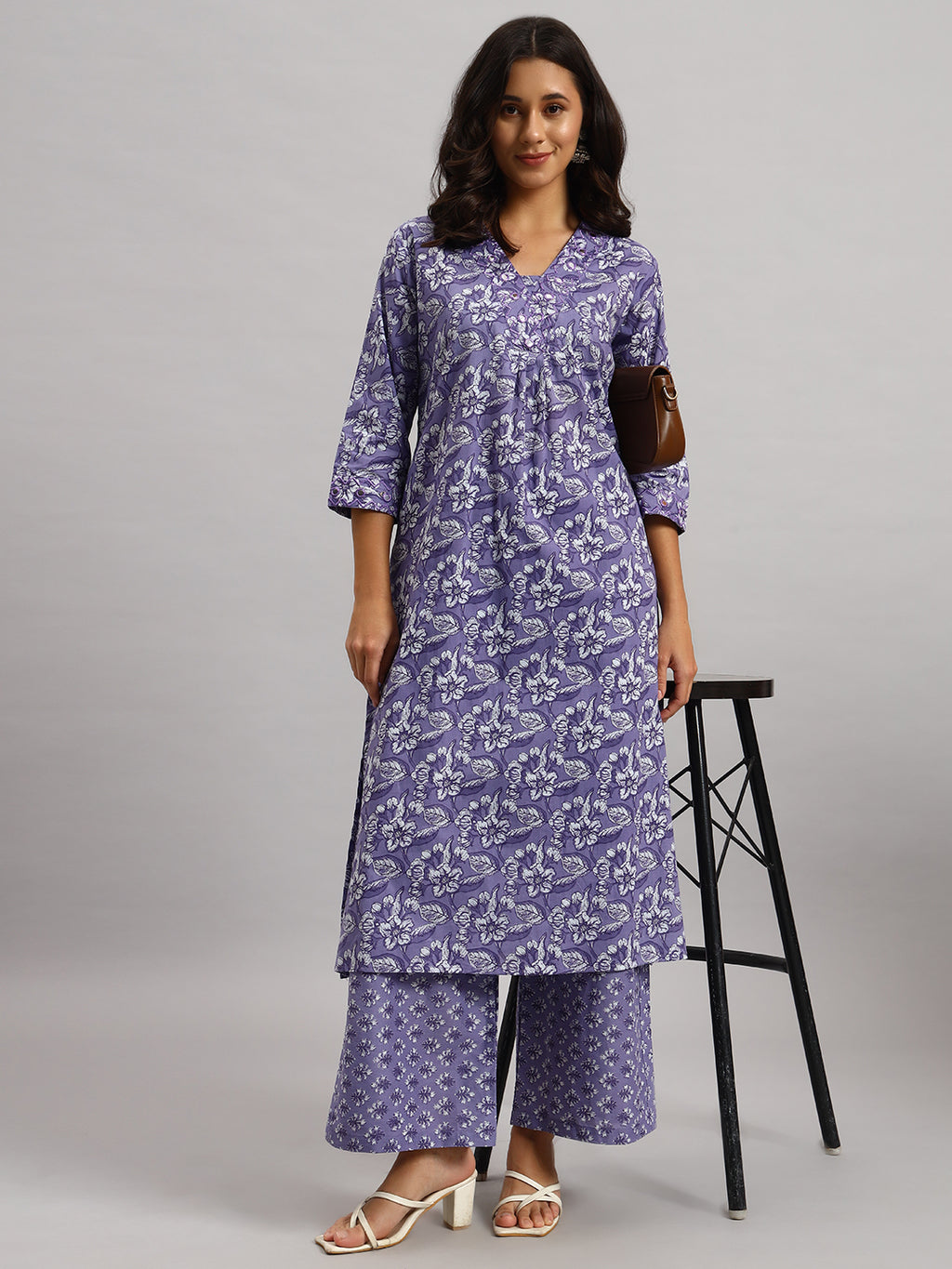 Lavender Printed Cotton Kurti & Palazzo Set