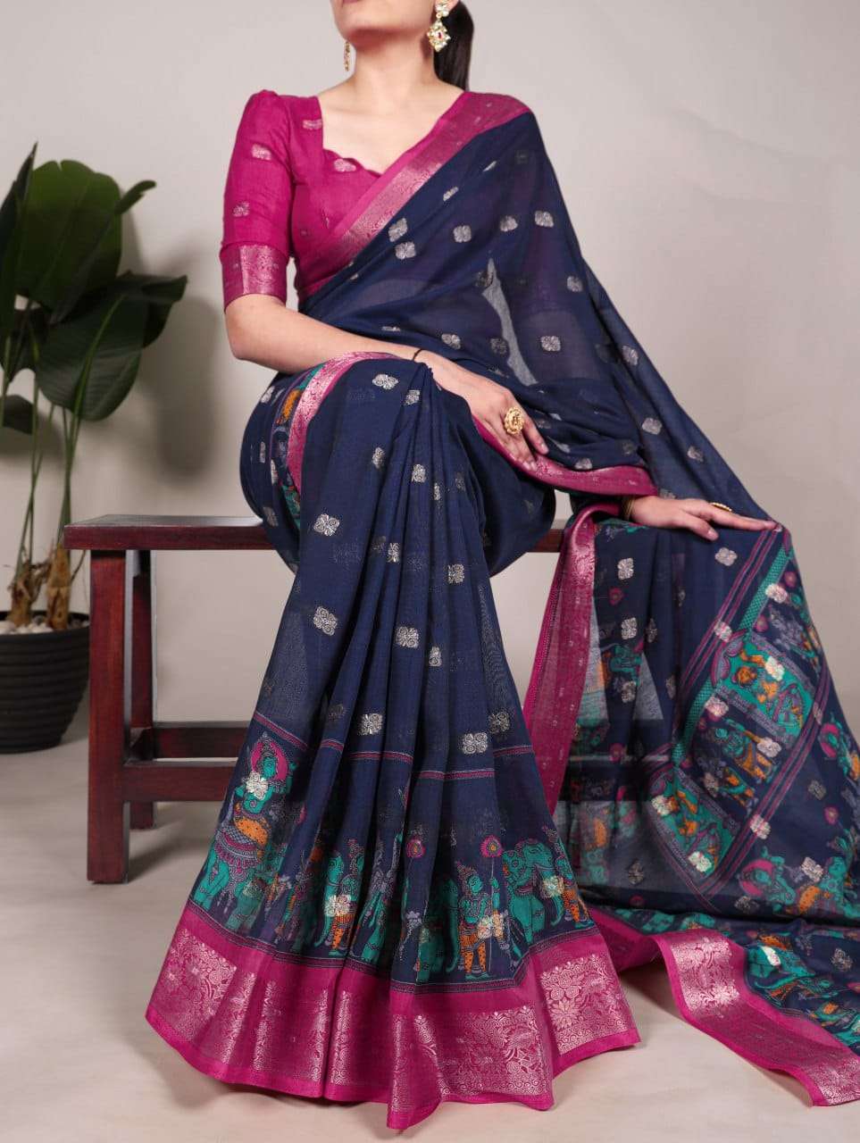 Cotton Navy Blue Zari Woven Saree