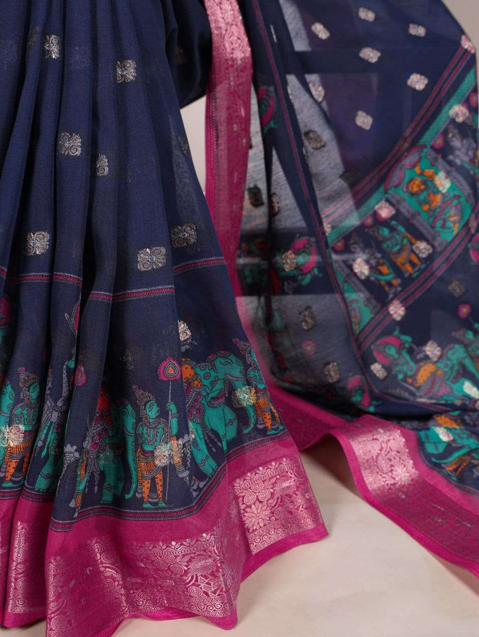 Cotton Navy Blue Zari Woven Saree