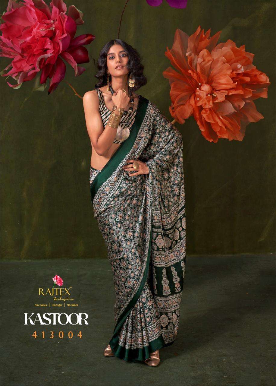Bottle green Ajrakh - Satin Crepe Saree with Modern Touch Blouse