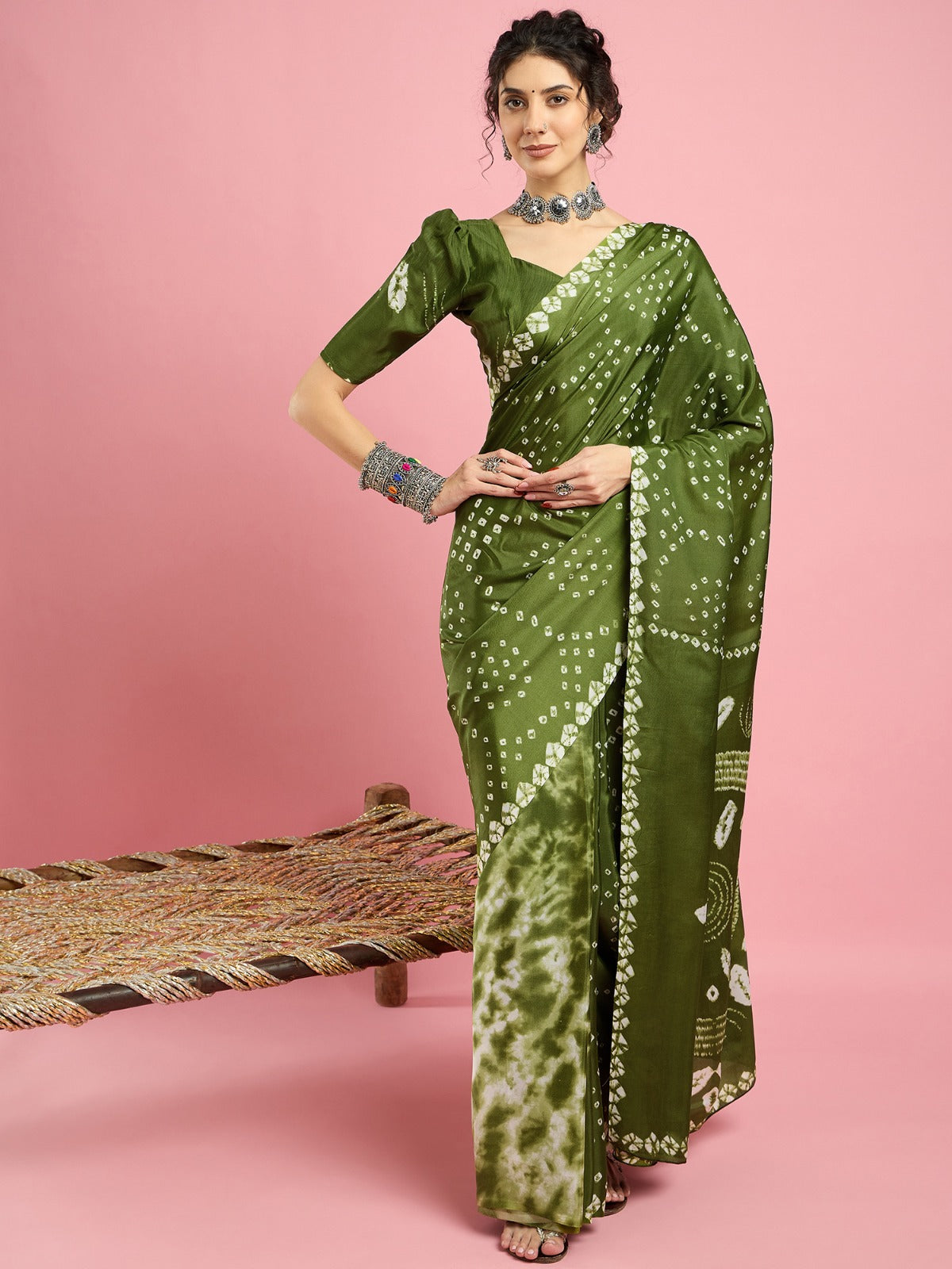 Jaipur Bandhni -Parrot Green Crepe silk saree