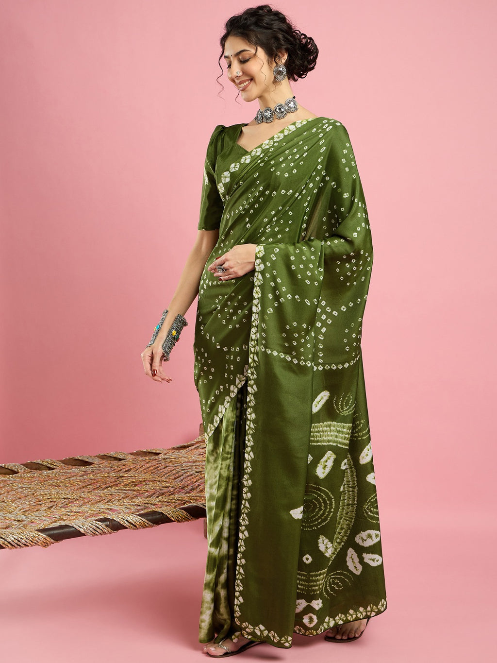 Jaipur Bandhni -Parrot Green Crepe silk saree