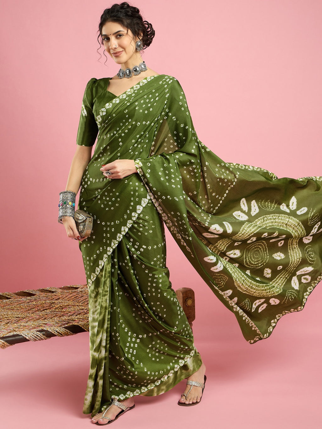 Jaipur Bandhni -Parrot Green Crepe silk saree