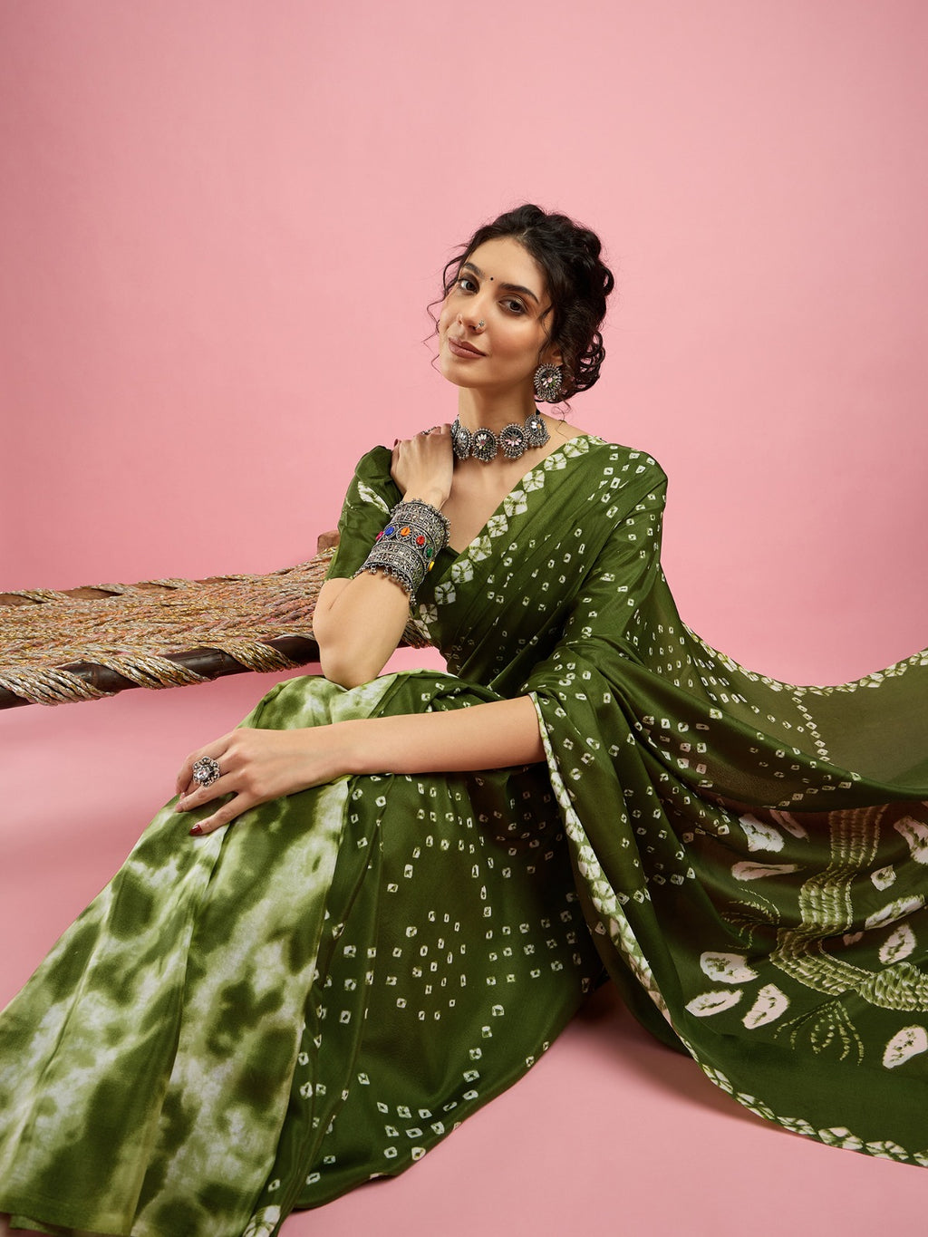 Jaipur Bandhni -Parrot Green Crepe silk saree