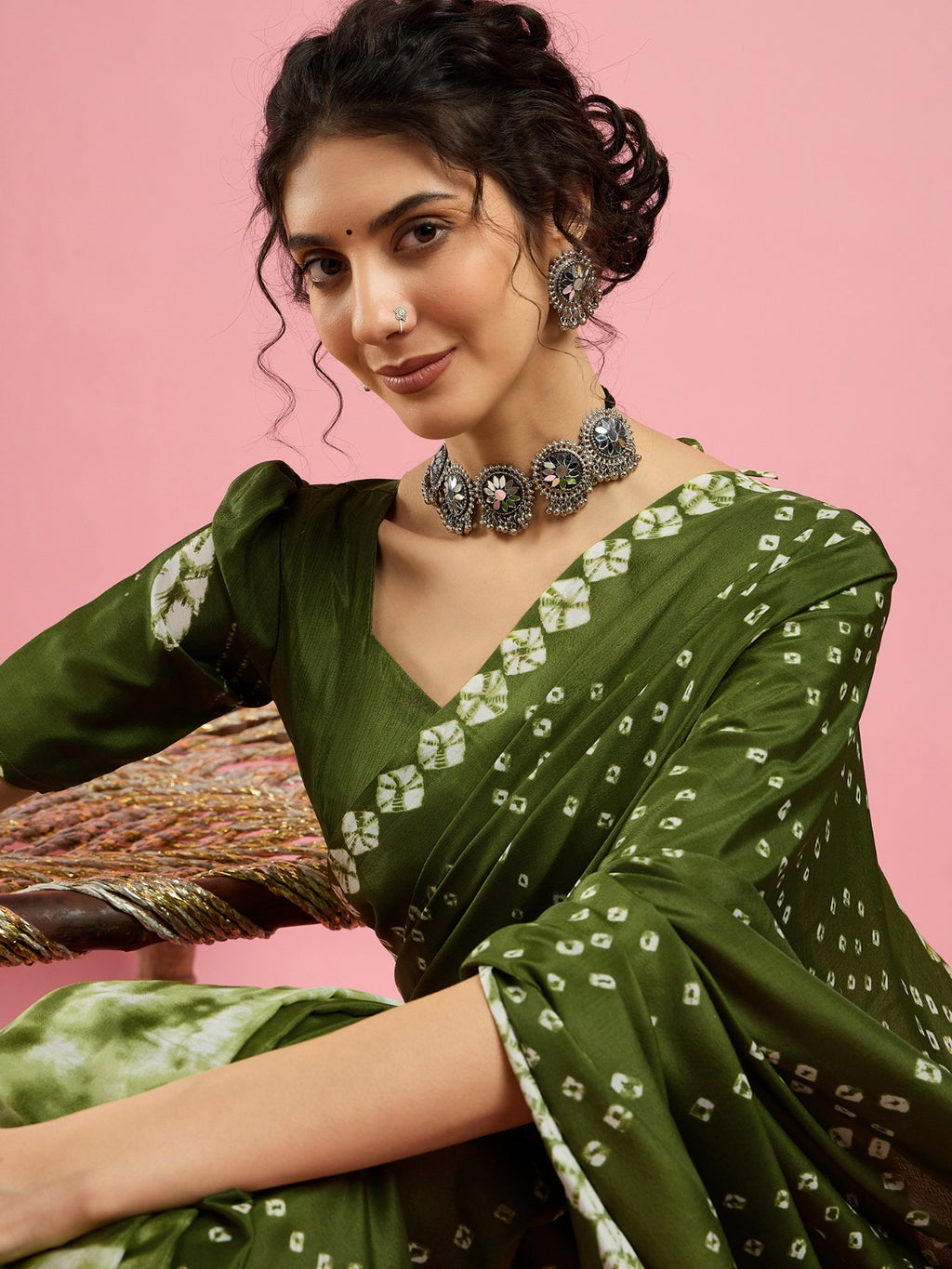 Jaipur Bandhni -Parrot Green Crepe silk saree