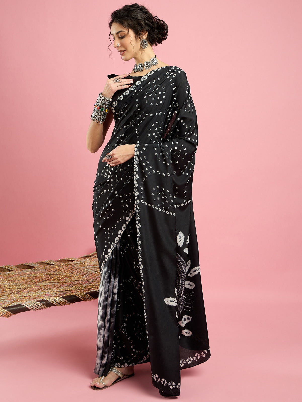 Bright Black -Jaipuri Bandhani Design -Crepe silk Saree