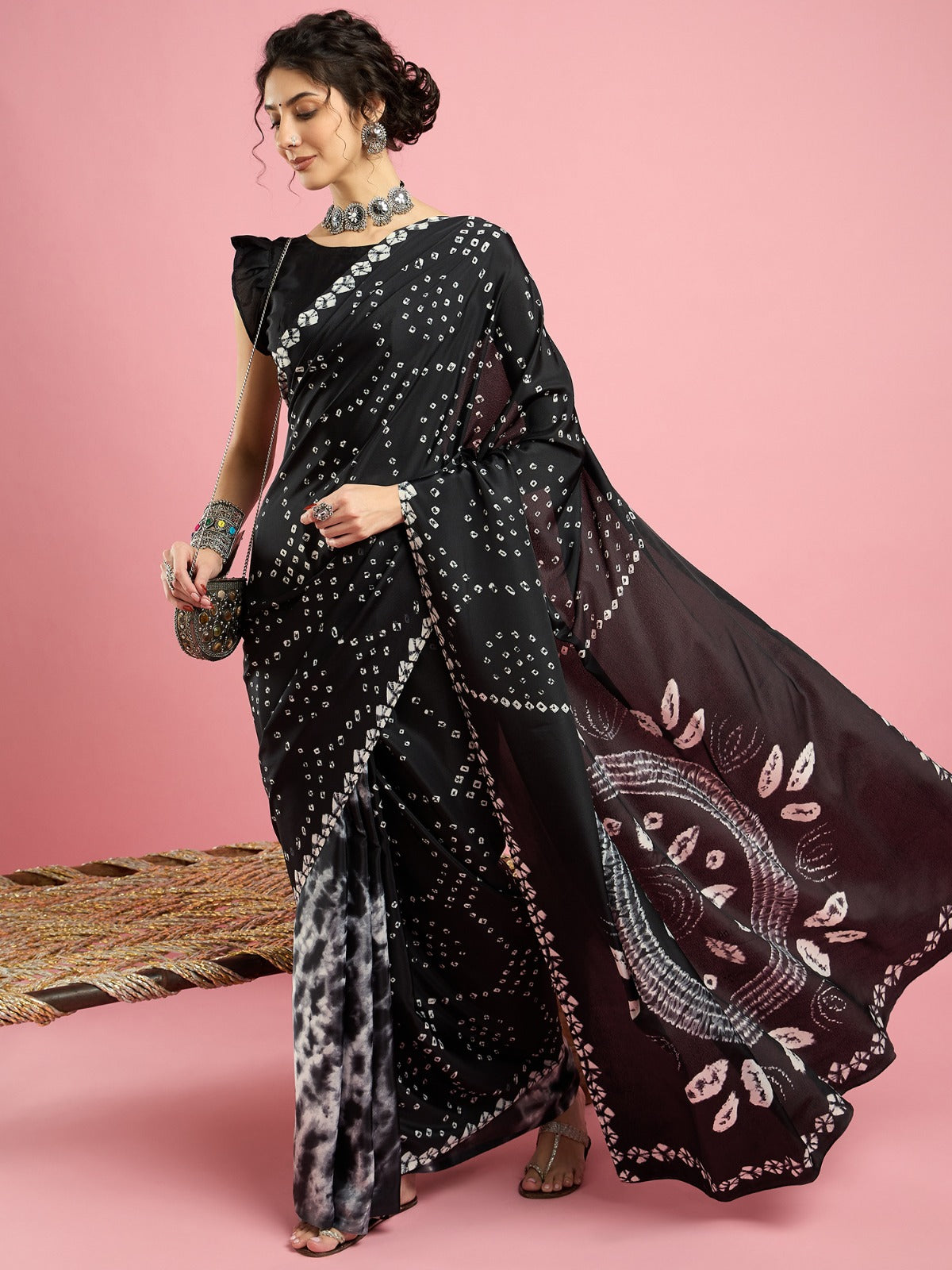 Bright Black -Jaipuri Bandhani Design -Crepe silk Saree