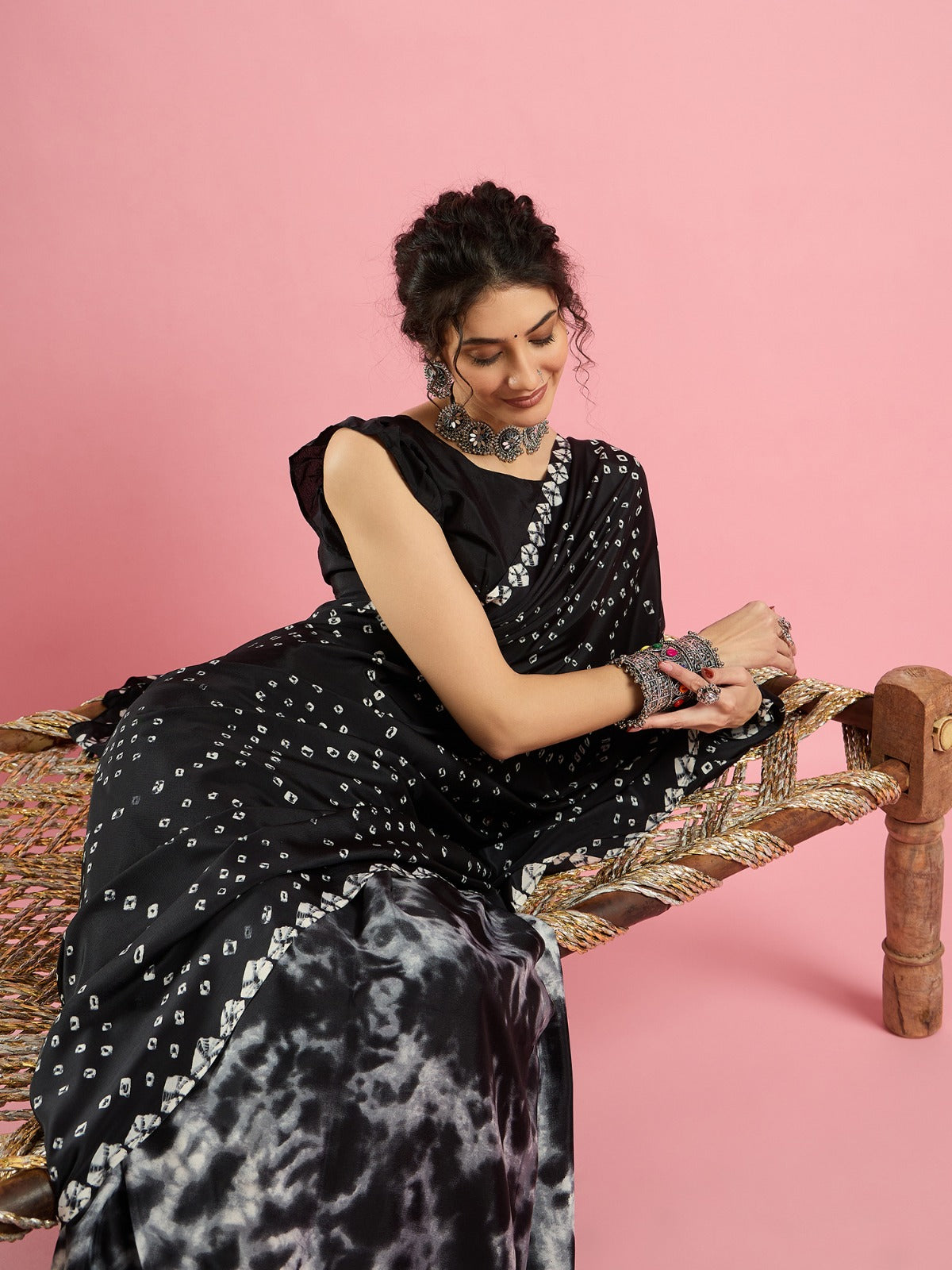 Bright Black -Jaipuri Bandhani Design -Crepe silk Saree