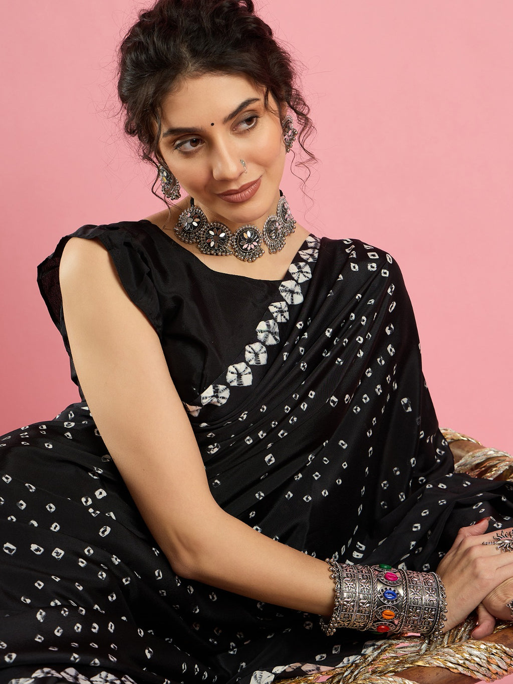 Bright Black -Jaipuri Bandhani Design -Crepe silk Saree