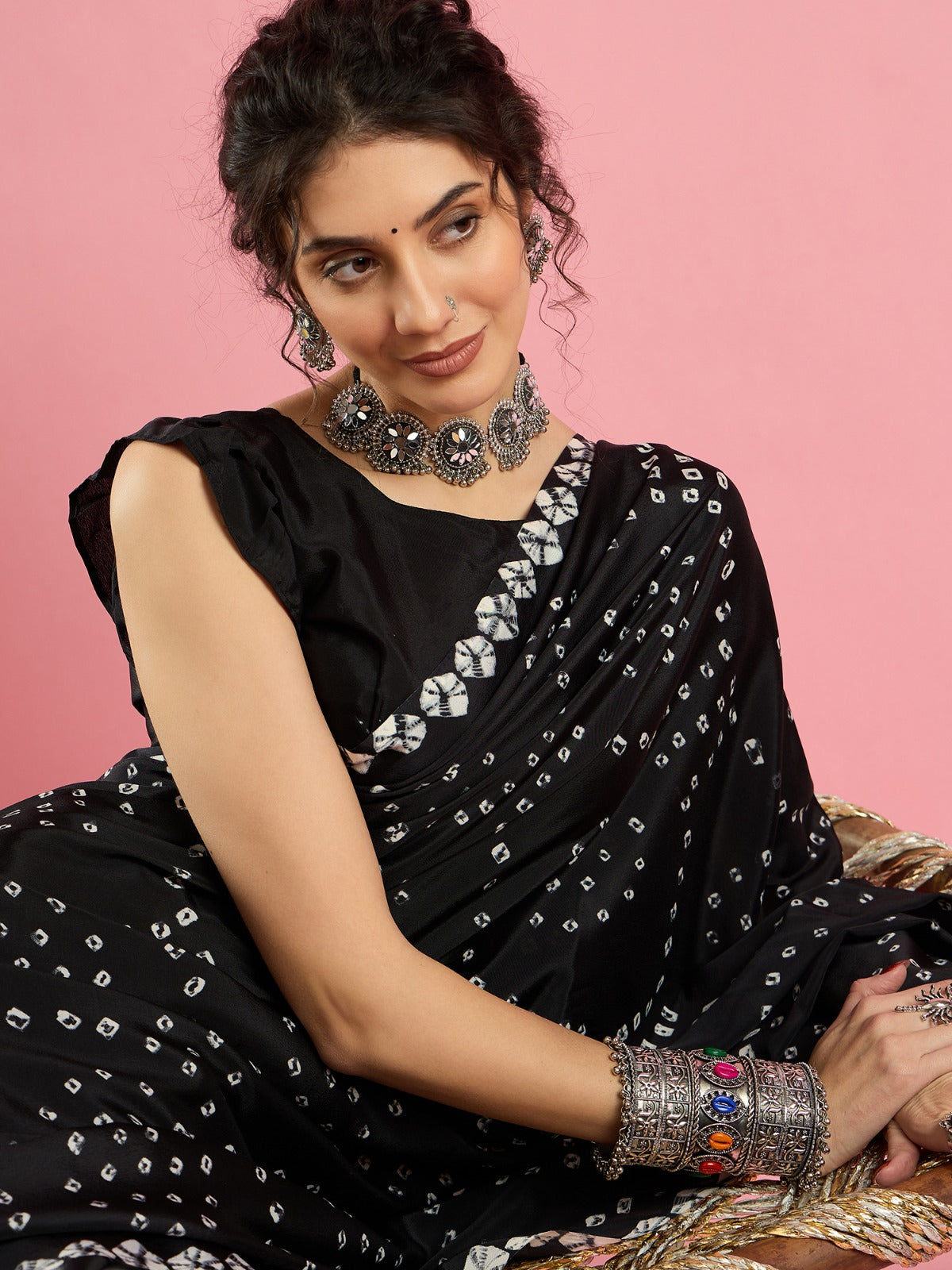 Bright Black -Jaipuri Bandhani Design -Crepe silk Saree