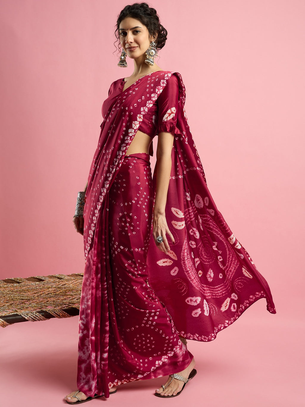 Pink Jaipuri Bandhani print -crepe silk saree