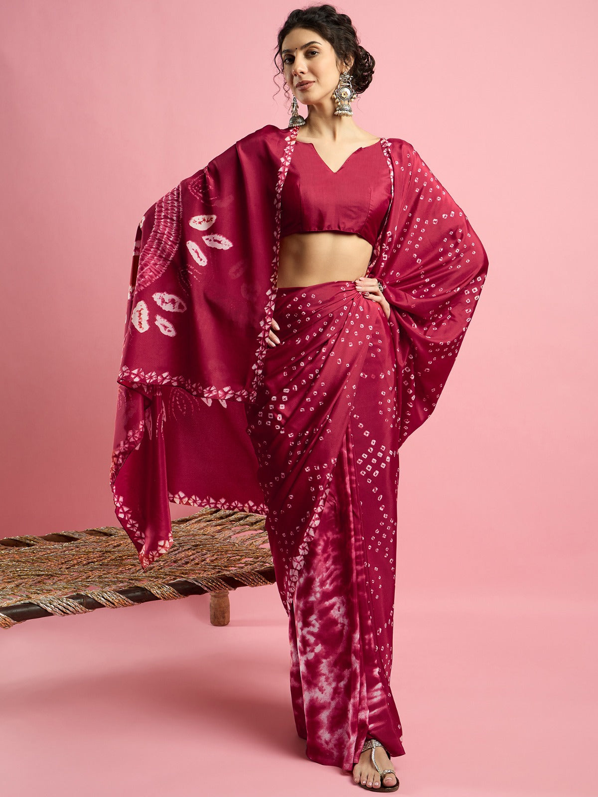 Pink Jaipuri Bandhani print -crepe silk saree