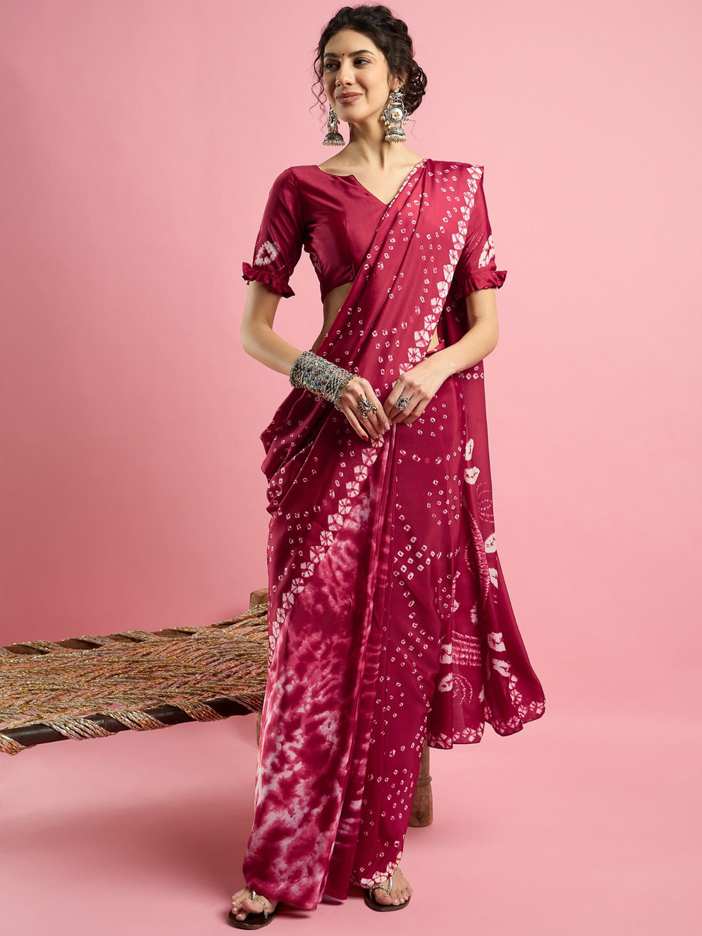 Pink Jaipuri Bandhani print -crepe silk saree