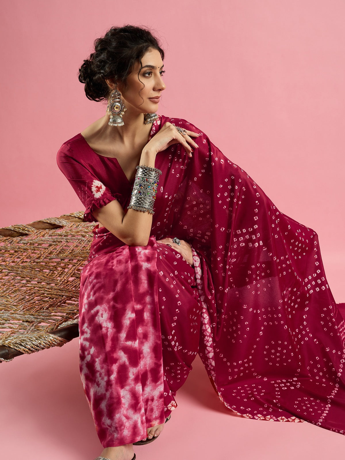 Pink Jaipuri Bandhani print -crepe silk saree