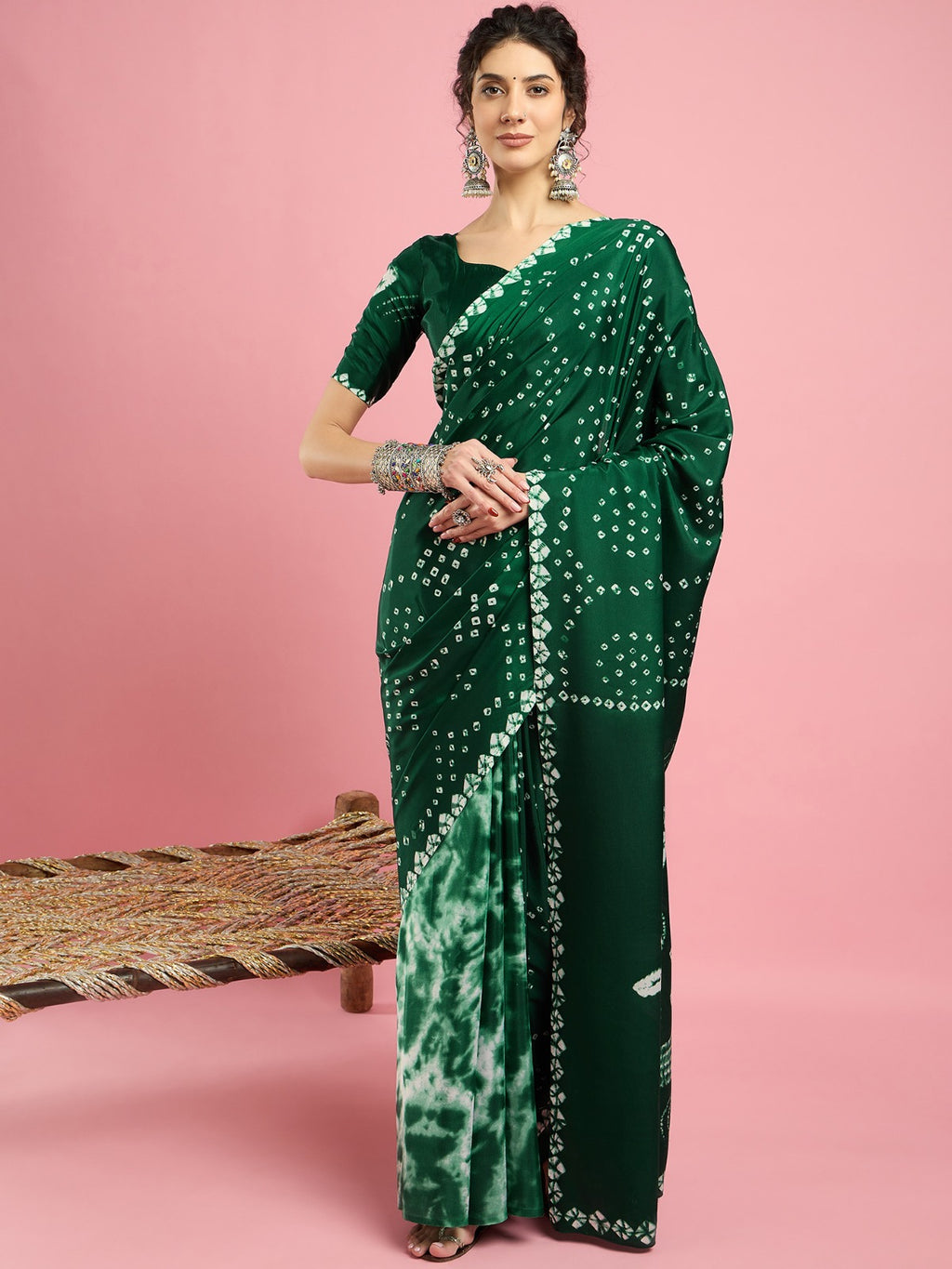 Green Bandhani print -crepe silk saree