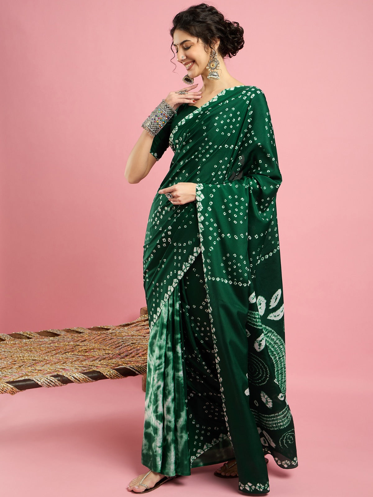 Green Bandhani print -crepe silk saree