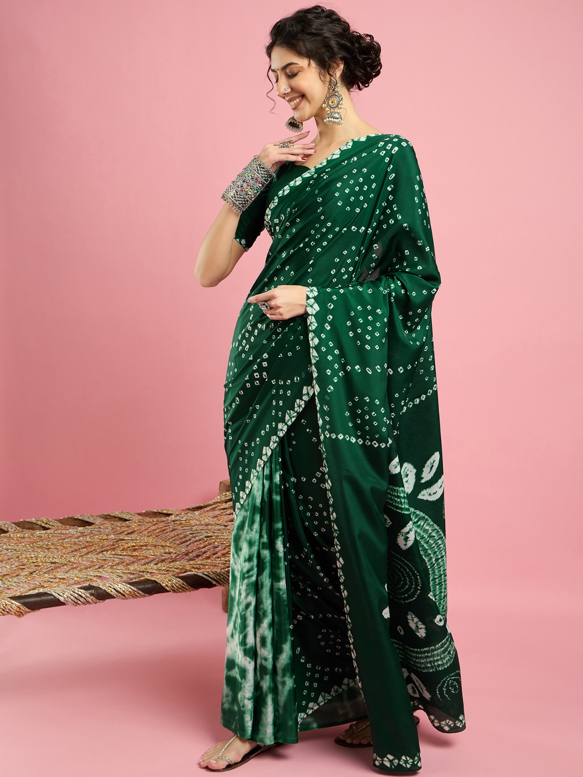Green Bandhani print -crepe silk saree