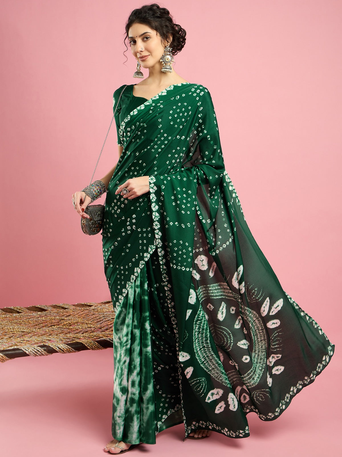 Green Bandhani print -crepe silk saree