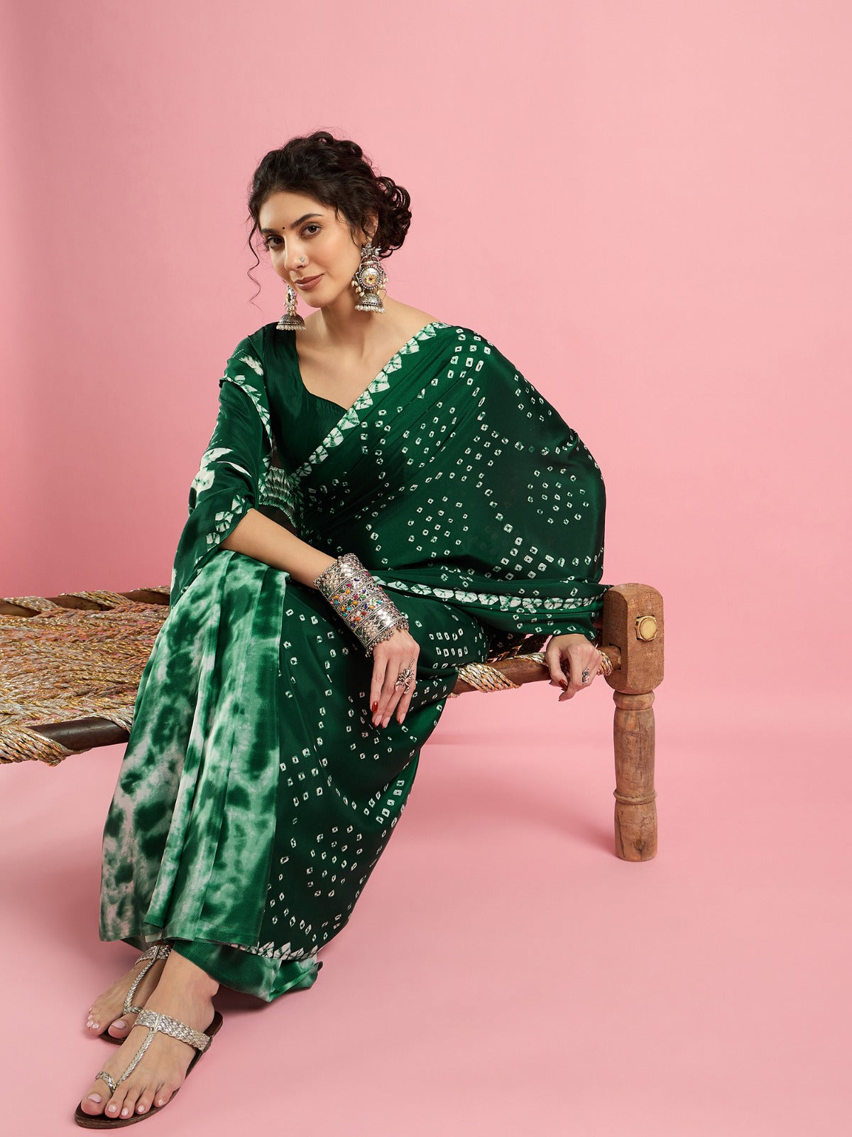 Green Bandhani print -crepe silk saree