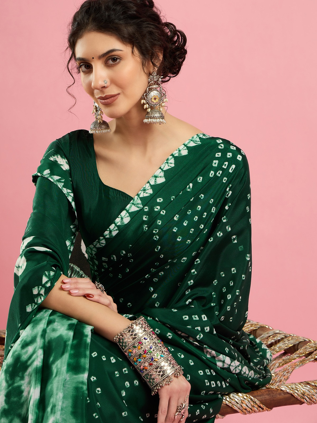 Green Bandhani print -crepe silk saree