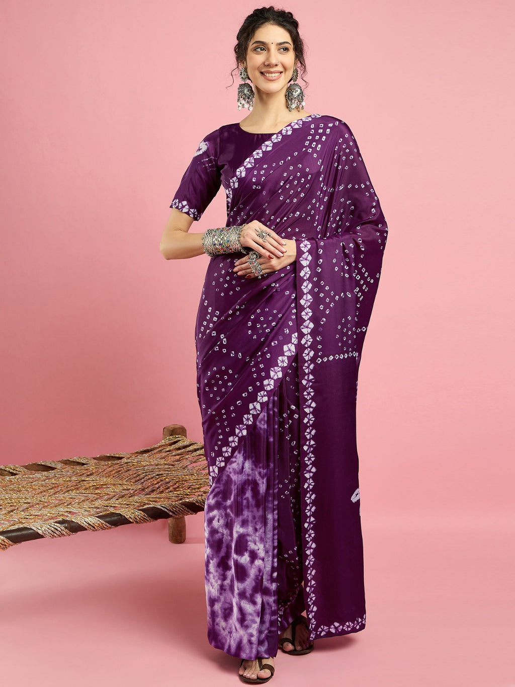 Vibrant Purple -Jaipuri Bandhani design -Crepe Silk Saree