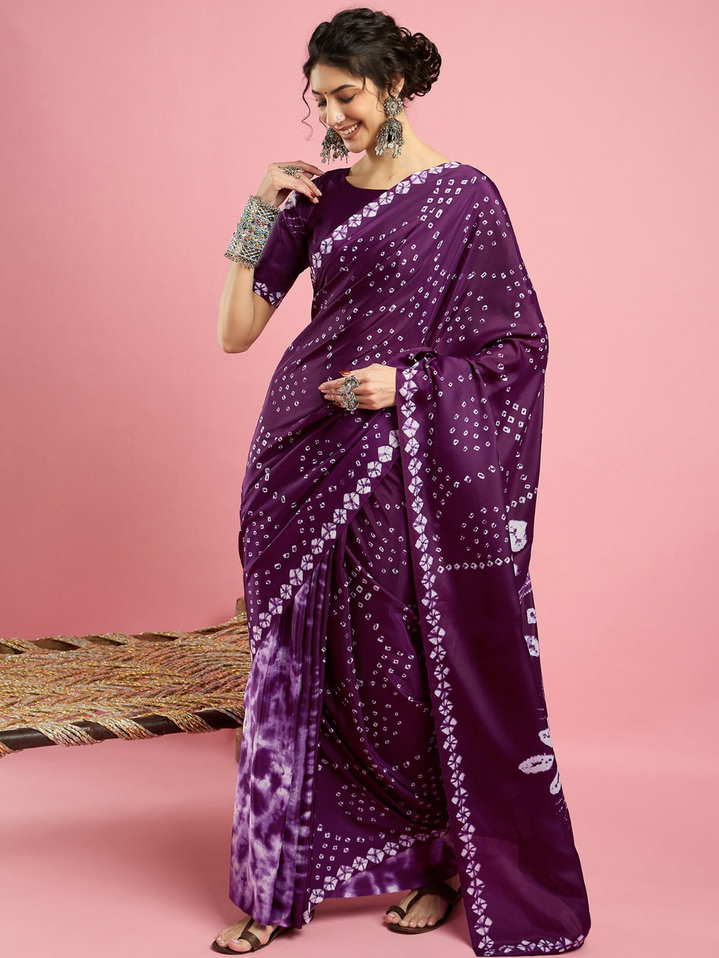 Vibrant Purple -Jaipuri Bandhani design -Crepe Silk Saree