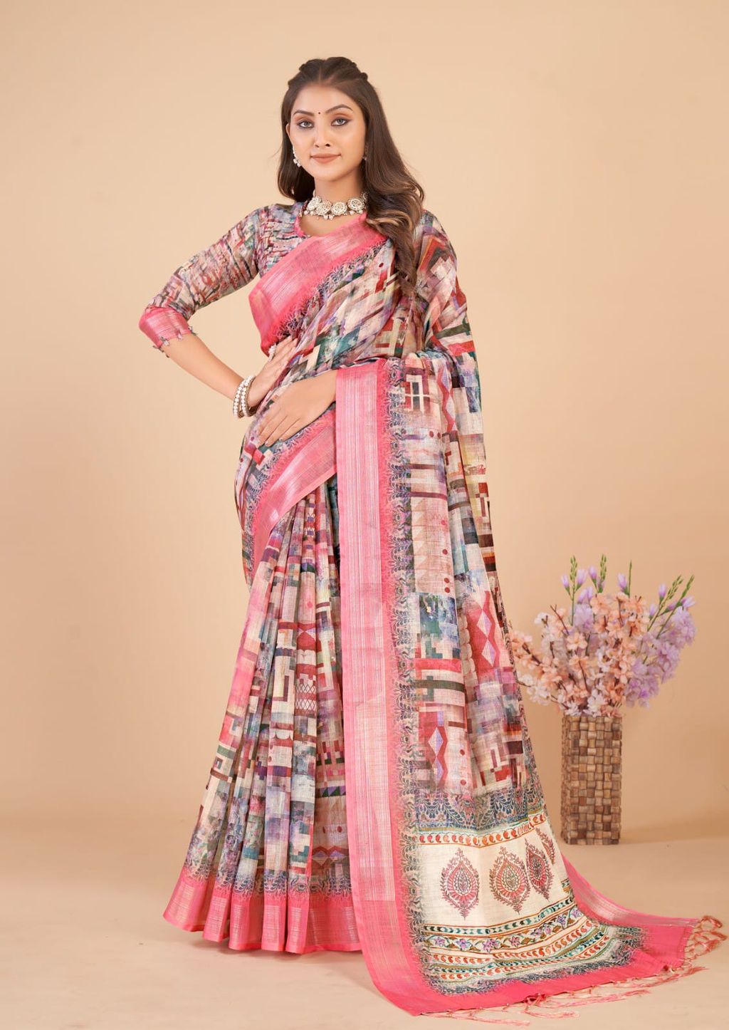 Women's Geometric pattern Multi color printed Linen Cotton Saree with Tassels