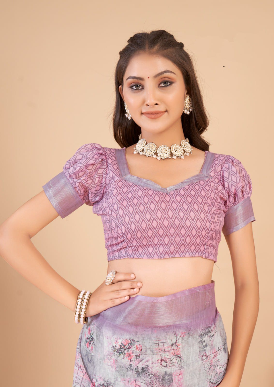 Women's Multi color printed Linen Cotton Saree with Tassels