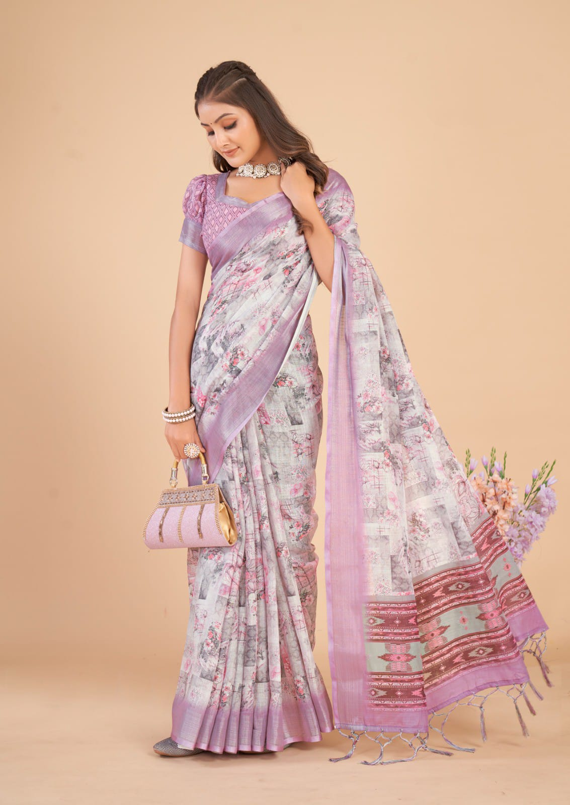 Women's Multi color printed Linen Cotton Saree with Tassels