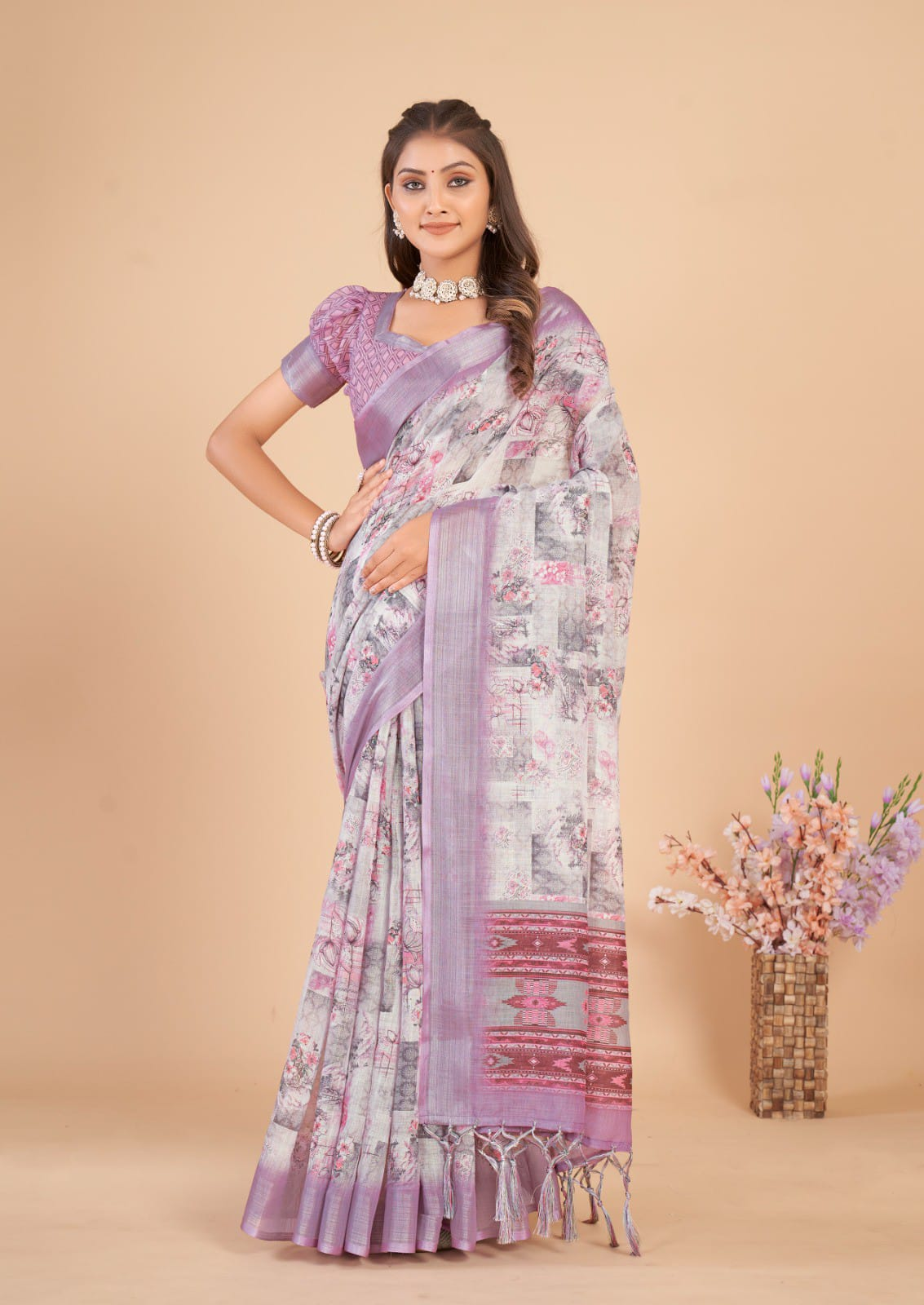 Women's Multi color printed Linen Cotton Saree with Tassels