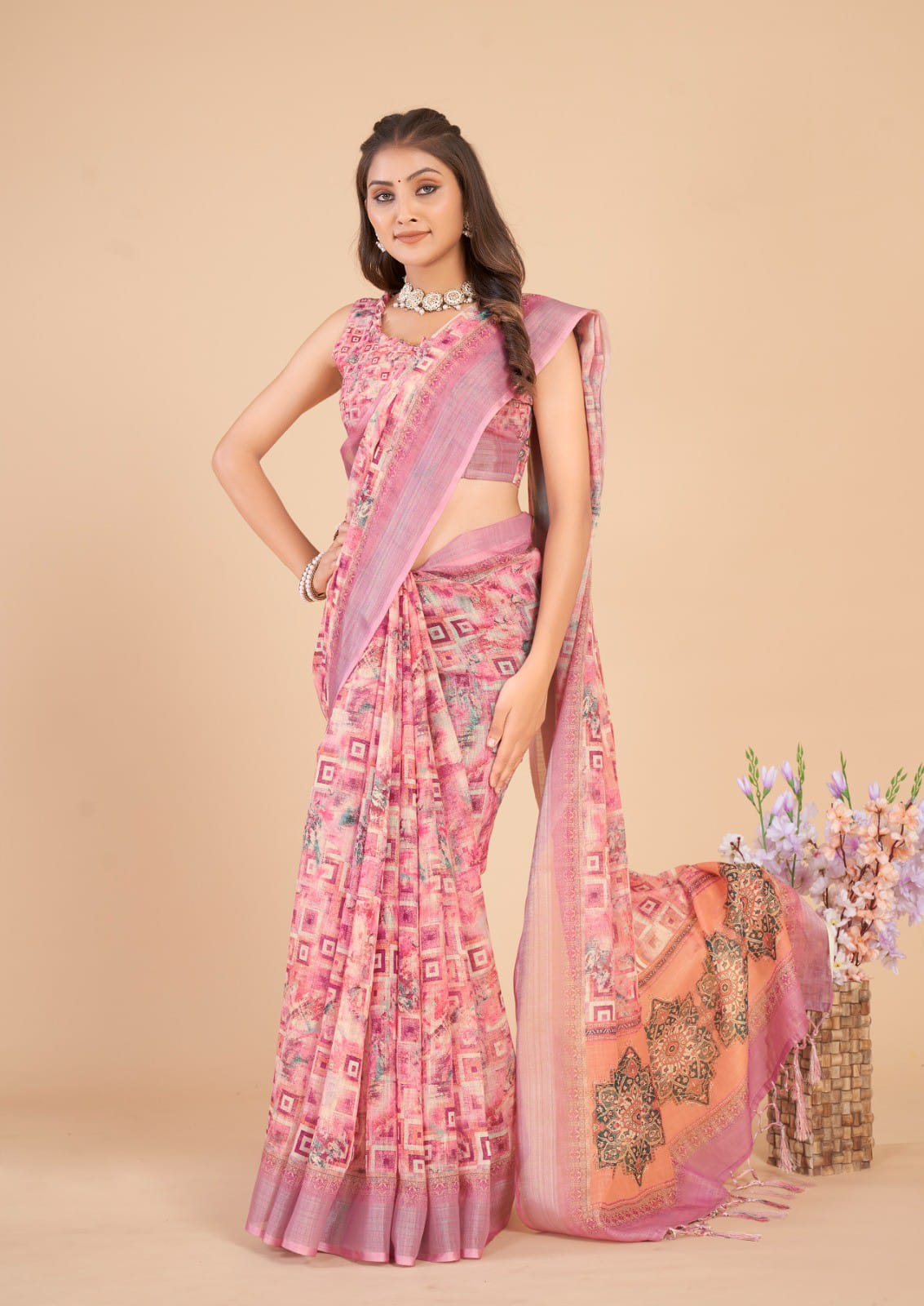 Women's Linen Blend Pink Printed Designer Saree With Blouse Piece