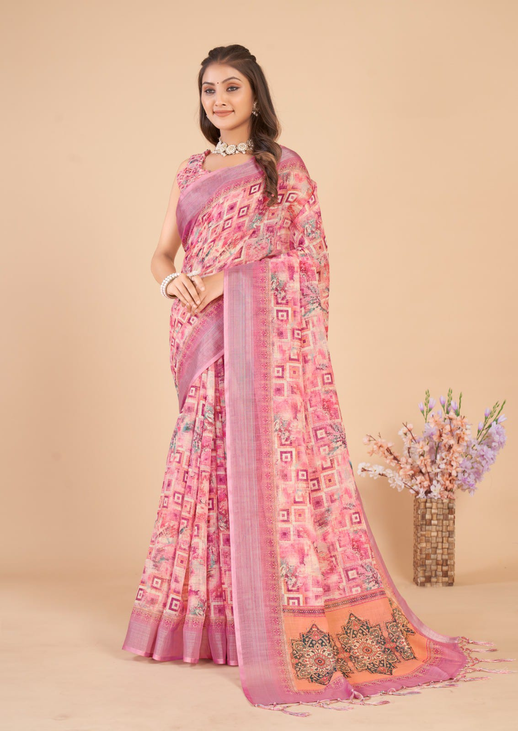 Women's Linen Blend Pink Printed Designer Saree With Blouse Piece