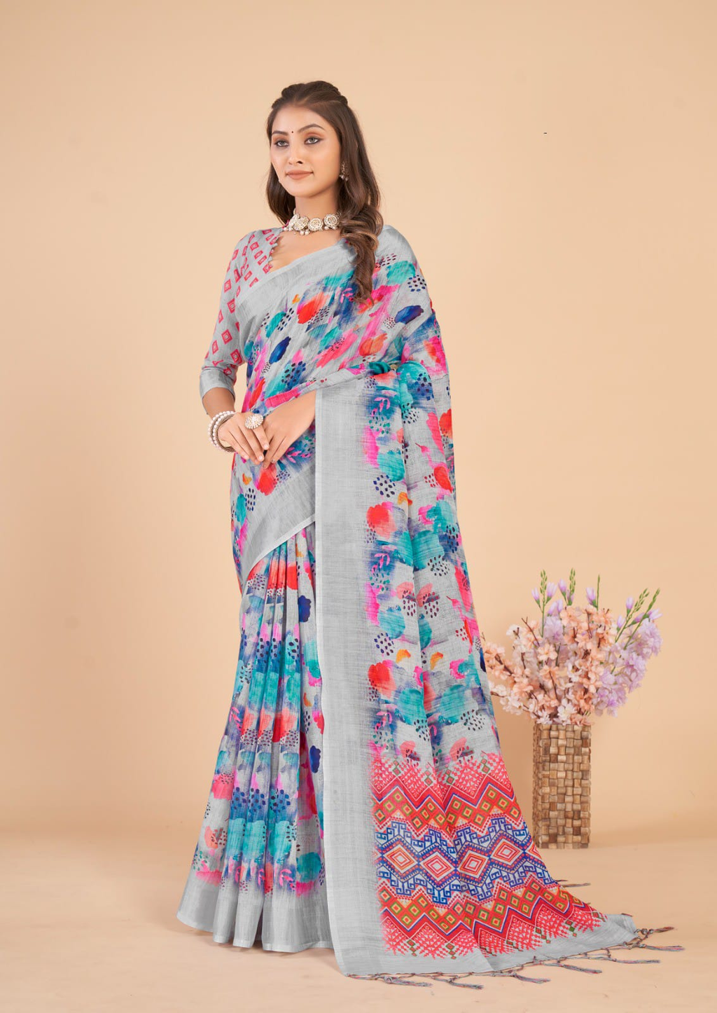 Women's Linen Blend Grey Printed Designer Saree With Tussels