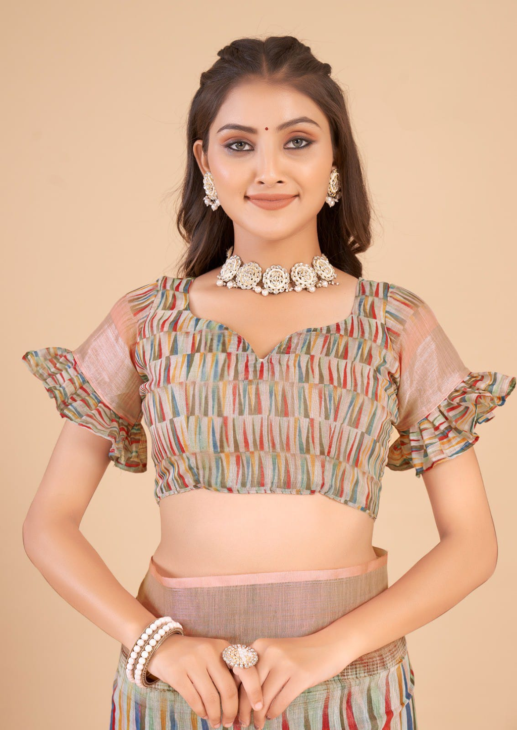 multi-color striped pattern Linen Cotton Saree with unstitched blouse