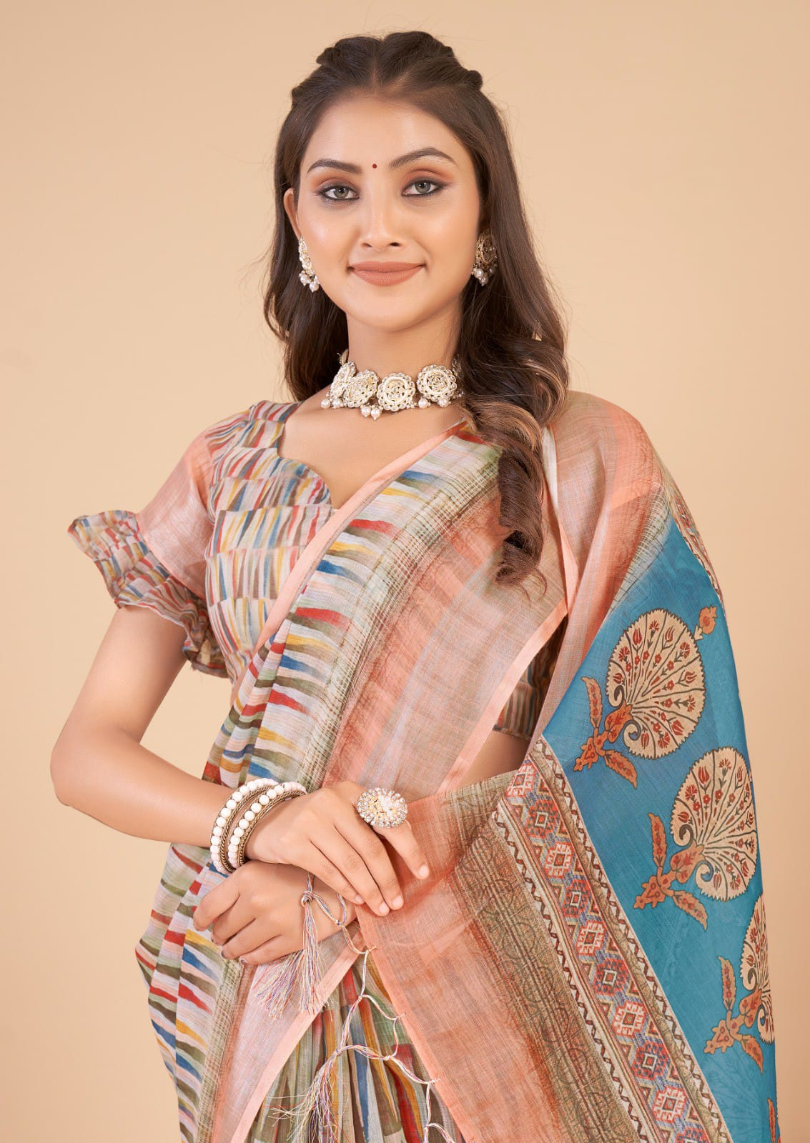 multi-color striped pattern Linen Cotton Saree with unstitched blouse