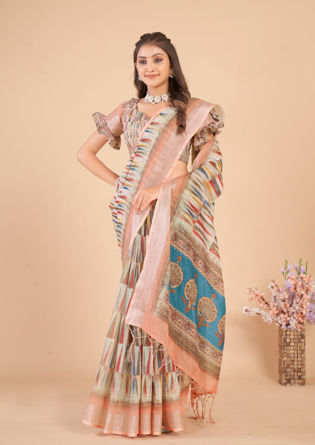 multi-color striped pattern Linen Cotton Saree with unstitched blouse