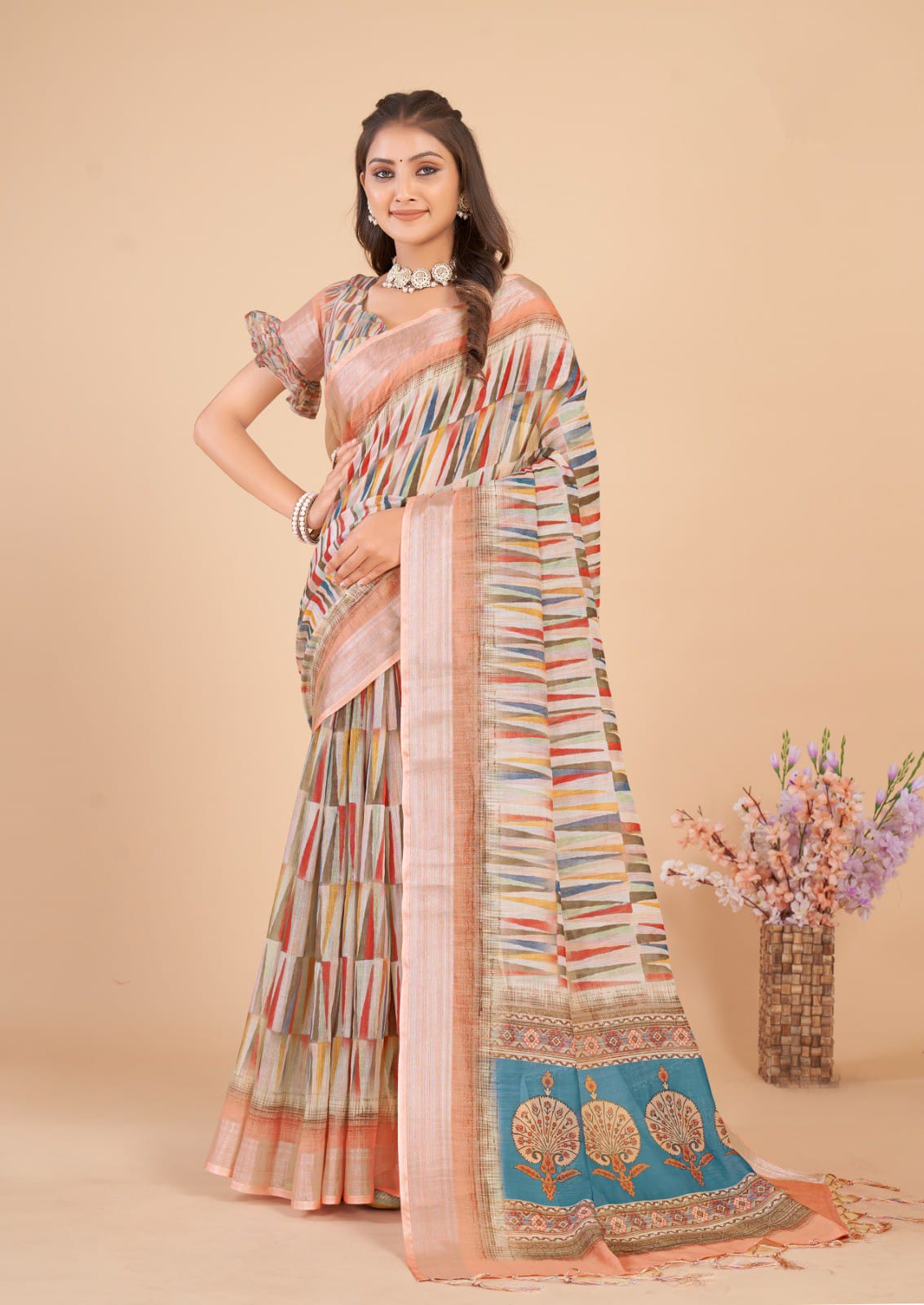 multi-color striped pattern Linen Cotton Saree with unstitched blouse