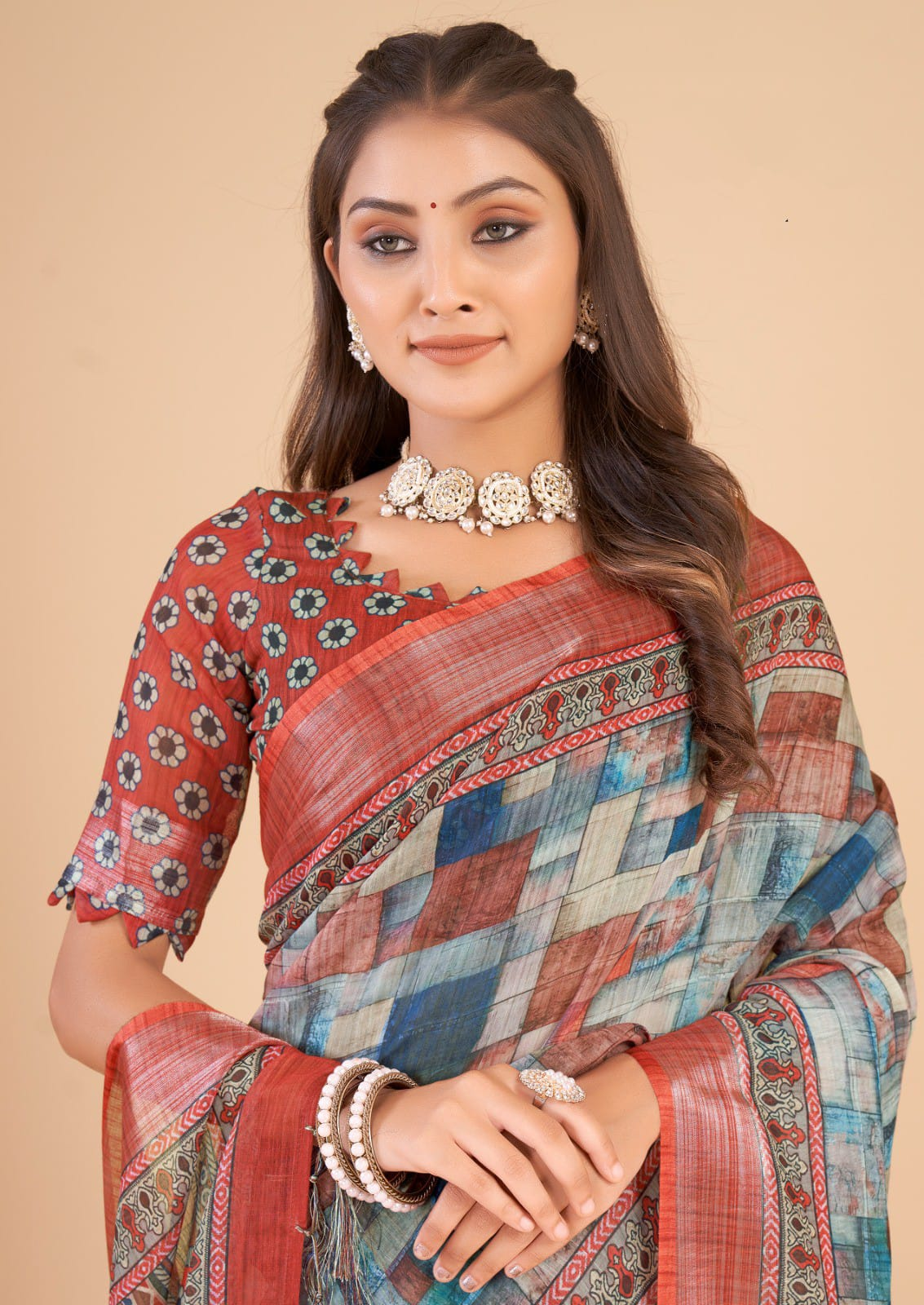 Women's Linen Blend Multi Color Printed Designer Saree With Tassels