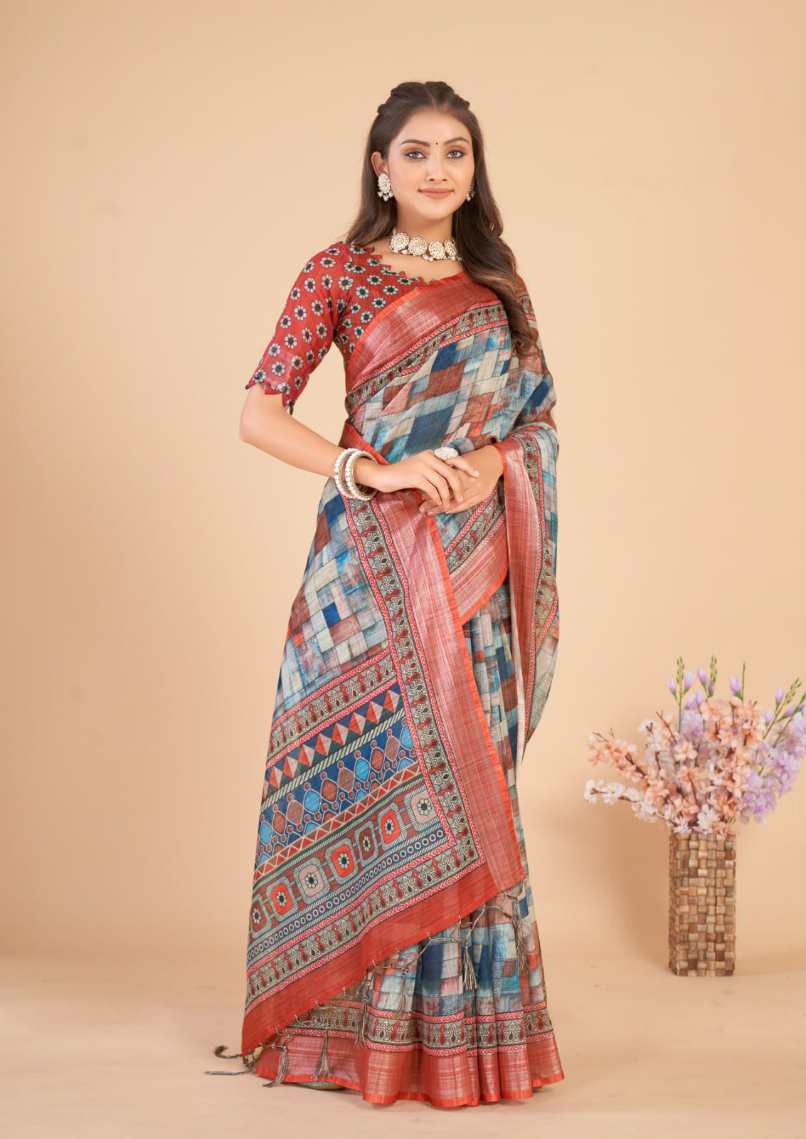 Women's Linen Blend Multi Color Printed Designer Saree With Tassels